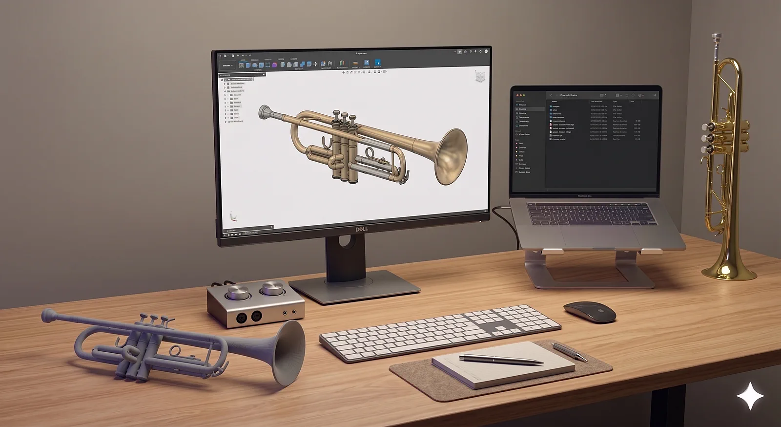 CAD workstation modeling a brass instrument