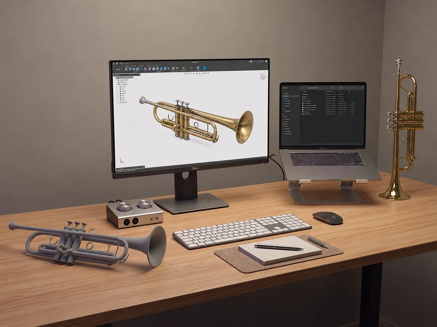 CAD workstation modeling a brass instrument